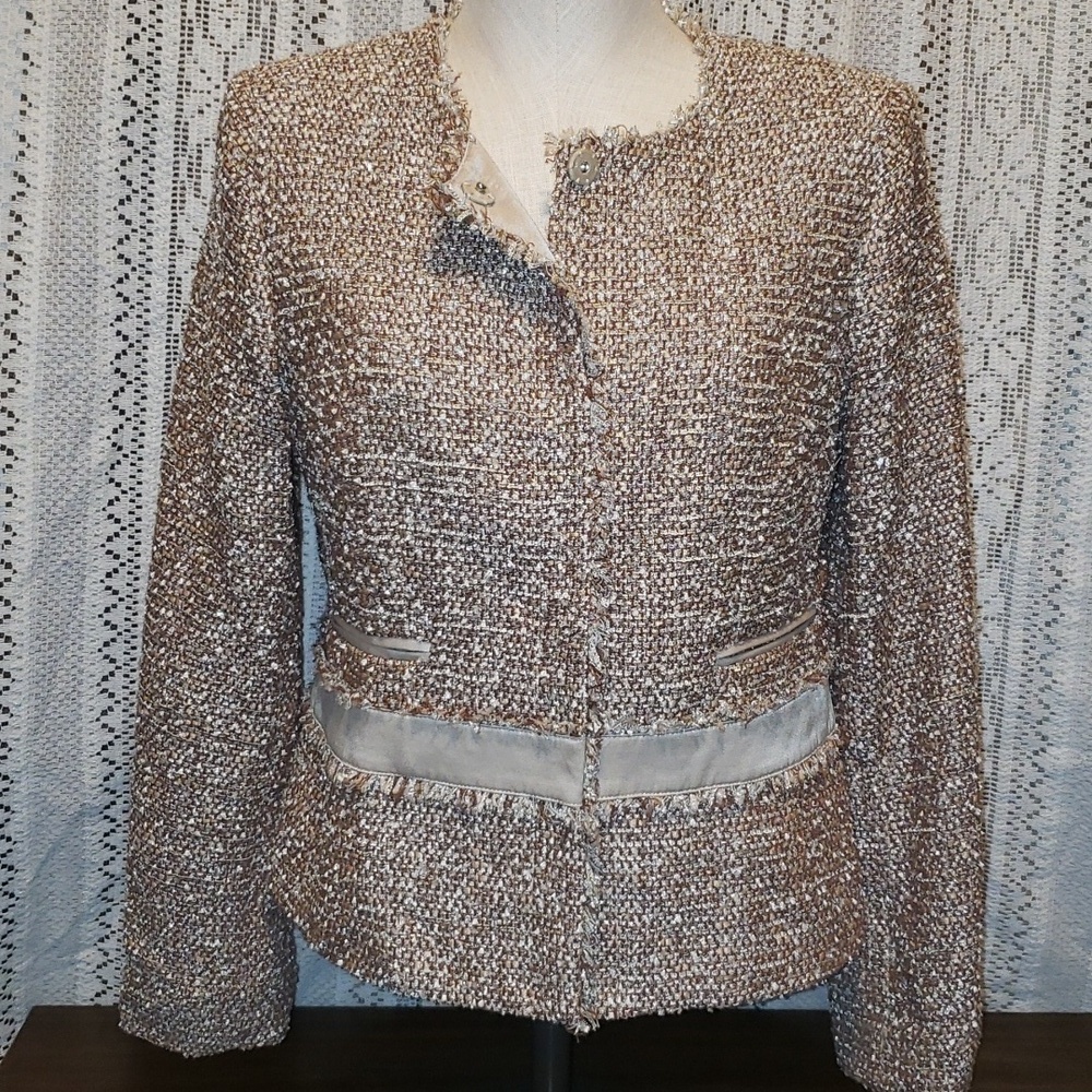 Jones New York Collection Lined Fray Fringe Long Sleeve Jacket Blazer